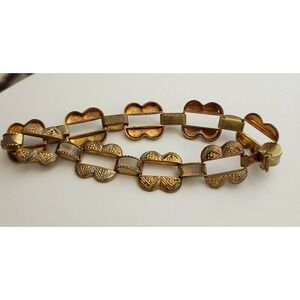 Vintage Antique Spain Damascene Mother of Pearl Link Etched Copper Bracelet‎ 7"